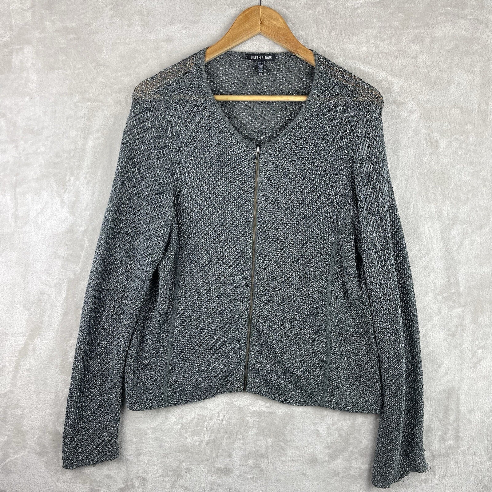 Eileen Fisher Italian Linen Blend Open Knit Zip Cardigan Large Quiet Luxury